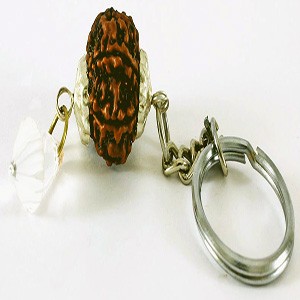 A rudraksh bead attached to a keychain