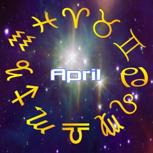 The word 'April' surrounded by stars, for this month's horoscope predictions for April, 2024