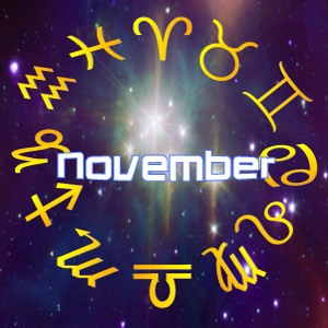 The word 'November' surrounded by stars, for next month's horoscope predictions for November, 2022