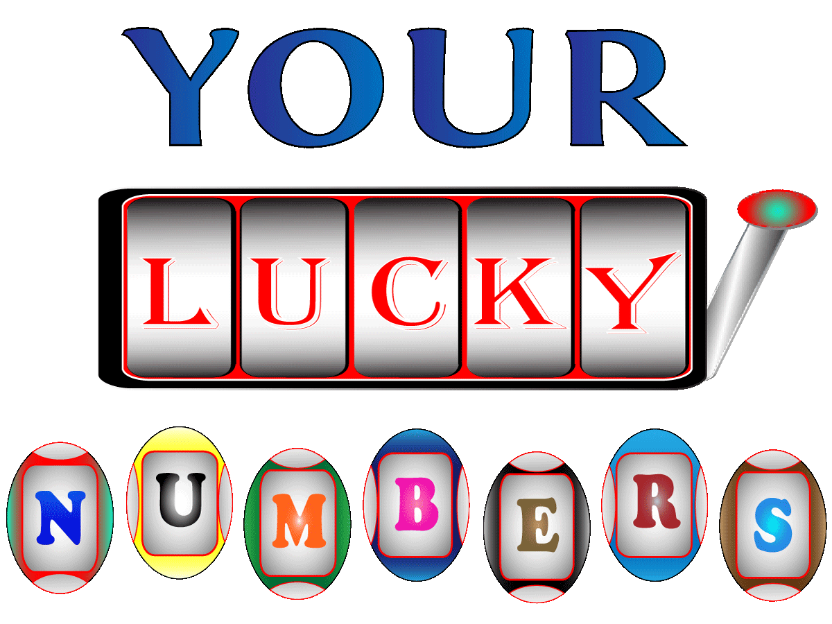 Your Lucky Numbers with the word, Lucky shown in slot machine wheels with a lever and Numbers written on coloured lotto balls.