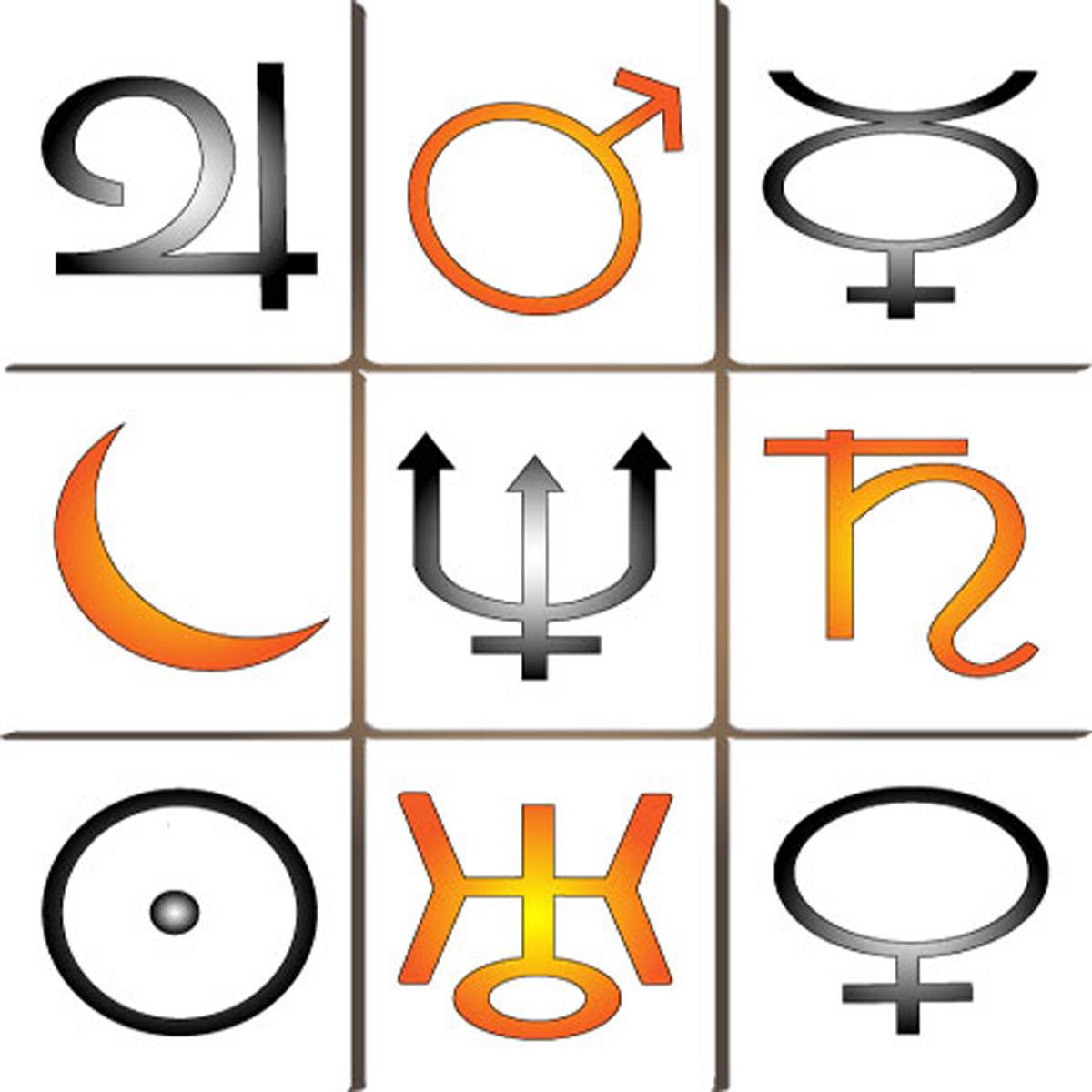 A grid of three rows and three columns of 9 planetary symbols.